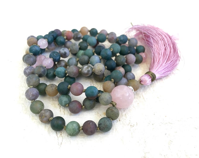 Mala For Confidence - Indian Agate Mala Necklace - Rose Quartz - Silk Tassel - 108 Beads Mala - Mantra Mala - Hand Knotted