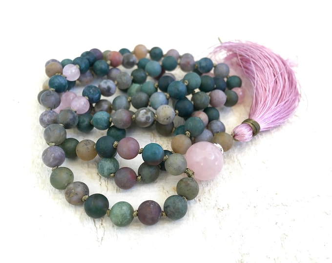 Indian Agate Mala Necklace - Rose Quartz - Tassel Mala - 108 Beads Mala - Mantra Mala - Hand Knotted - Confidence Mala Bead Necklace
