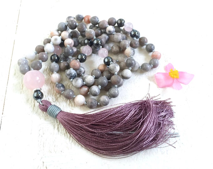 Mala For Balanced Emotions - Pink Zebra Jasper Mala Necklace - Silk Tassel - 108 Bead Mala - Rose Quartz & Hematite Beads - Meditation Beads