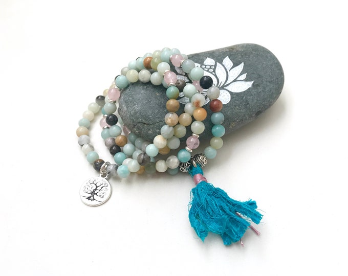 Self Love Mala Beads - Amazonite Stretch Mala - Rose Quartz - Mala Bead Wrap Bracelet - 108 Mala Bead - Wrist Wrap Mala - Yoga Mala Beads