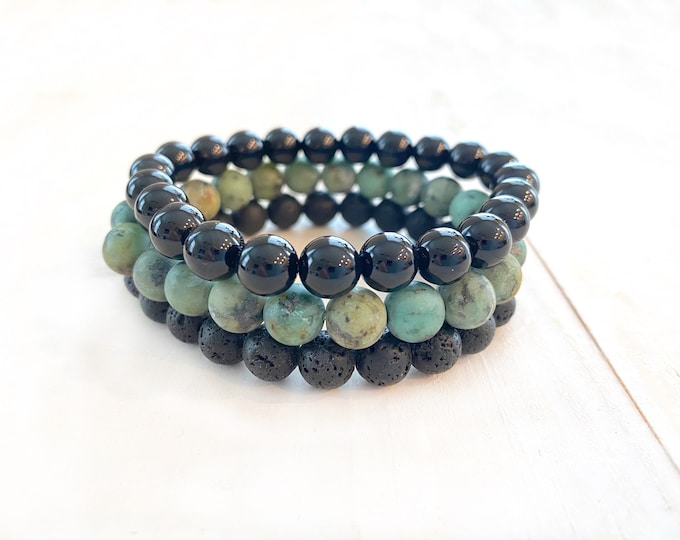 Black Onyx - Black Lava - African Turquoise - Bracelet Stack - Stretch Bracelets - Mala Beads - Gift For Her - Match Your Mala Bracelet