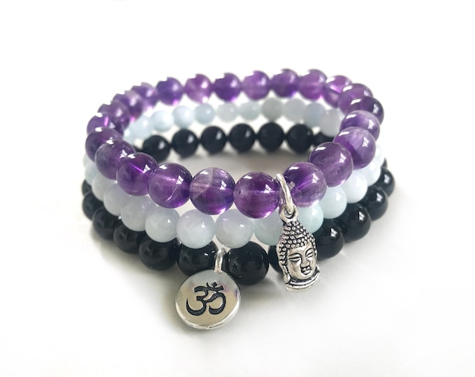 Yoga Stack Bracelet, Natural Healing Crystal Bracelet, Aquamarine, Amethyst, Black Tourmaline, Om Charm, Buddha Charm, Stretch Bracelet