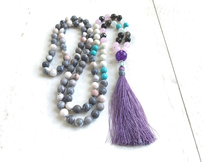 Cleanse Away Negativity Mala Beads - Smokey Quartz Mala Necklace - Moonstone - Amethyst Guru Bead - Turquoise beads - 108 Bead Mala