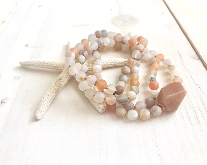Enjoyment of Life Mala Beads - Druzy Agate Mala Necklace  - Sunstone Guru Bead - 108 Beads Mala - Cleanse The Chakras - Hand Knotted
