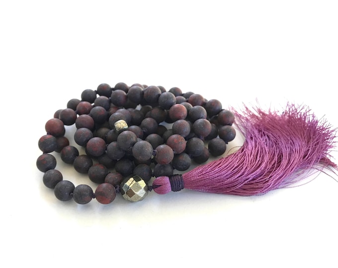 Mental Clarity Mala Beads - Red Brecciated Jasper Mala Beads - 108 Bead Mala Necklace - Pyrite Guru Bead - Matte Beads - Meditation Mala