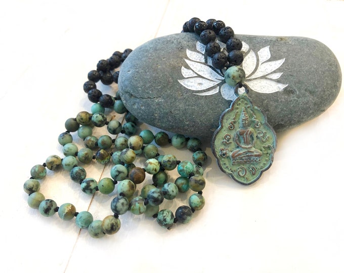 Release Emotional Attachments Mala Beads - African Turquoise & Black Lava Mala Necklace - Seated Buddha Pendant - 108 Beads Mala - Japa Mala