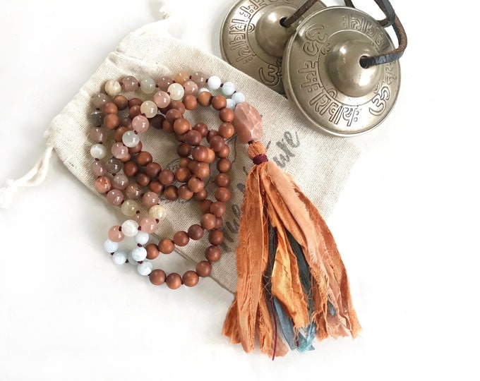 Mala To Feel Alive - Aquamarine Mala Necklace - Sunstone And Moonstone - Sandalwood Mala Beads - Sari Silk Tassel - 108 Mala Beads - Knotted