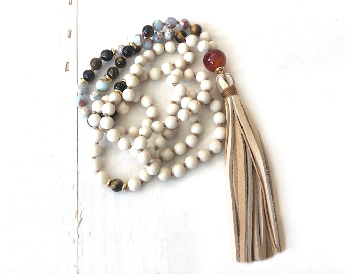 Mala For Security - Riverstone Mala Beads - Tiger Eye - Carnelian - 108 Bead Mala - Hand Knotted Mala Necklace - White Mala Beads