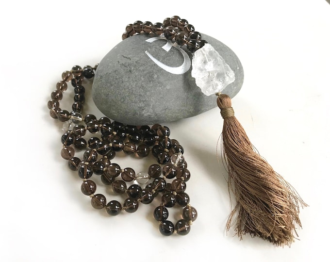 Overcome Negative Emotions Mala Bead Necklace - Smoky Quartz Mala Beads - 108 Beads - Raw Clear Quartz Guru Bead - Help Relieve Stress