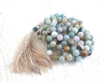 Balance Your Emotions Mala Beads - Amazonite Mala Necklace - Rose Quartz - 108 Mala Beads - Silk Tassel Mala - Hand Knotted - Calming Mala