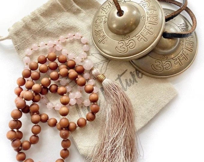Mala For Peace - Rose Quartz and Sandalwood Mala Necklace - 108 Bead Mala - Knotted Between Beads - Mala For Meditation - Fragrant Mala