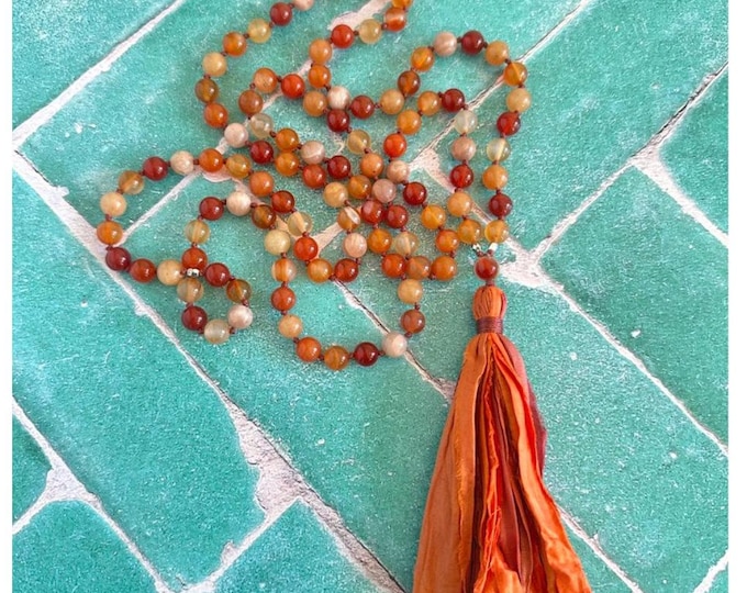 Mala Beads For Passion and Optimism: 108 Bead Mala Necklace - Hand Knotted - Carnelian - Orange Moonstone - Sari Silk Tassel
