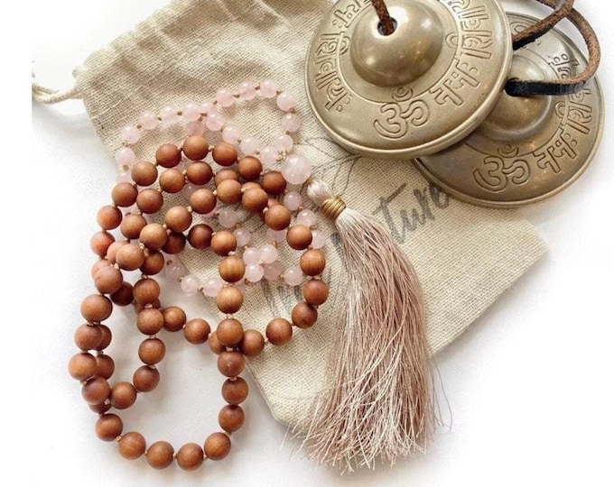 Mala For Peace, Rose Quartz Sandalwood Mala Necklace, Meditation Beads