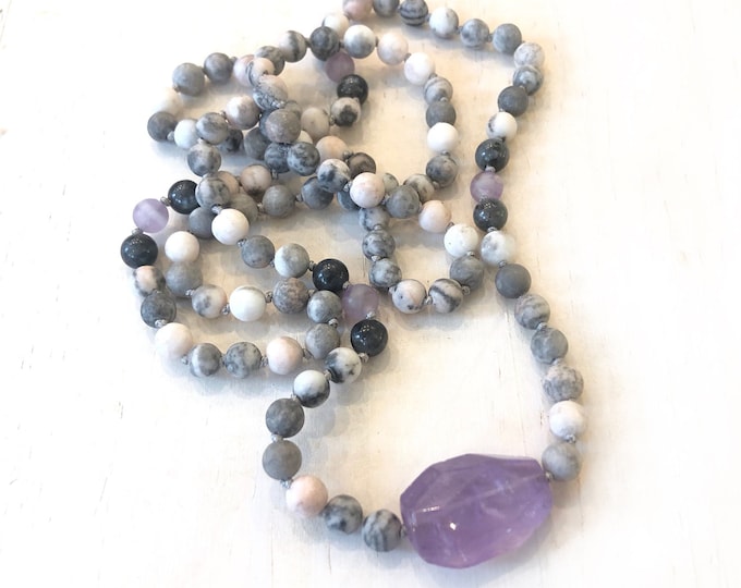 Calm The Mind Mala Beads, Amethyst & Pink Zebra Jasper, Silk Tassel Mala