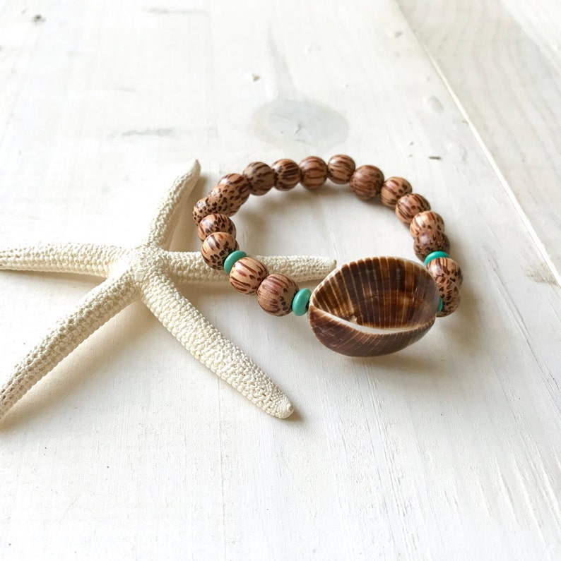 Wood Bead Beach Jewelry Casual Shell Bracelet Palmwood Stretch Bracelet Bohemian Style Bracelet Kaccoi Shell Bracelet