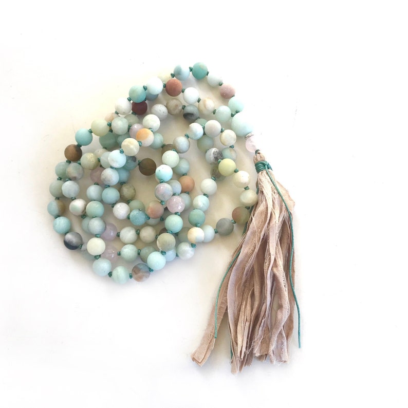 Mala For Calming Amazonite Mala Beads 108 Bead Mala Rose Quartz Amazonite Mala Yoga Meditation Beads Japa Mala Beige Sari Fabric