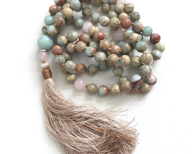 Balance The Chakras - Mala Beads - African Opal & Rose Quartz Mala - 108 Bead Mala - Yoga Meditation Beads - Earthy Mala - Hand Knotted