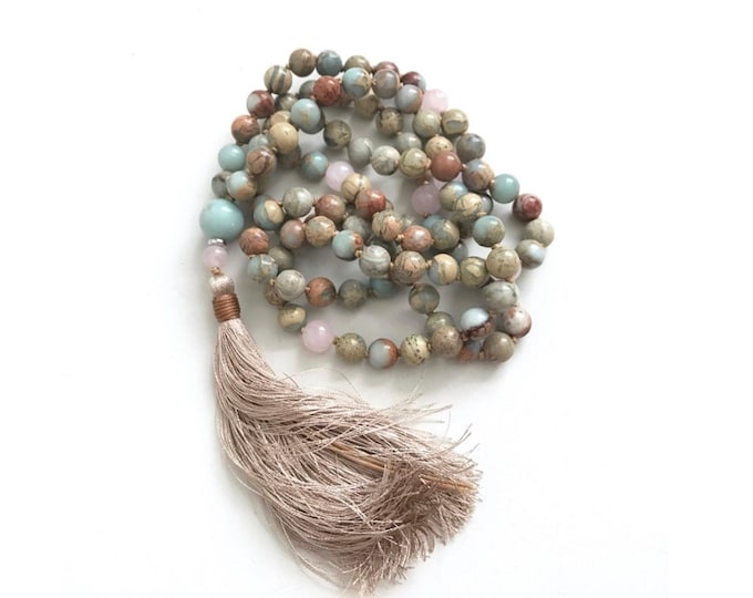 African Opal & Rose Quartz Mala Beads: Hand Knotted Meditation Beads