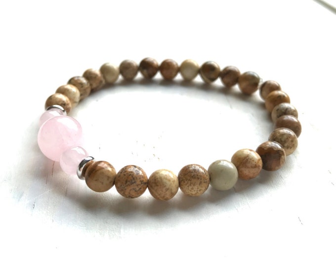 Picture Jasper and Rose Quartz Mala Bracelet, Gemstone Bracelet, Petite Stretch Bracelet, Match Your Mala Beads, Yoga Jewelry