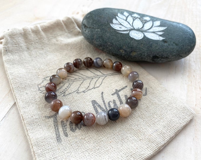 BOTSWANA AGATE - Helps Overcome Fears - Mala Bead Bracelet - Meditation Beads - Natural Healing - Yoga Gift Ideas