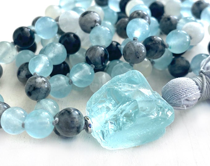 Mala For Clarity Of Thought - 108 Bead Mala Necklace - Moonstone - Labradorite - Jade and Aqua Crystal Quartz