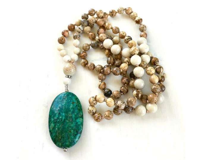 Find Your Purpose Mala Beads -  African Turquoise - Riverstone - Picture Jasper Mala - 108 Beaded Mala - Hand Knotted - Unisex Prayer Bead