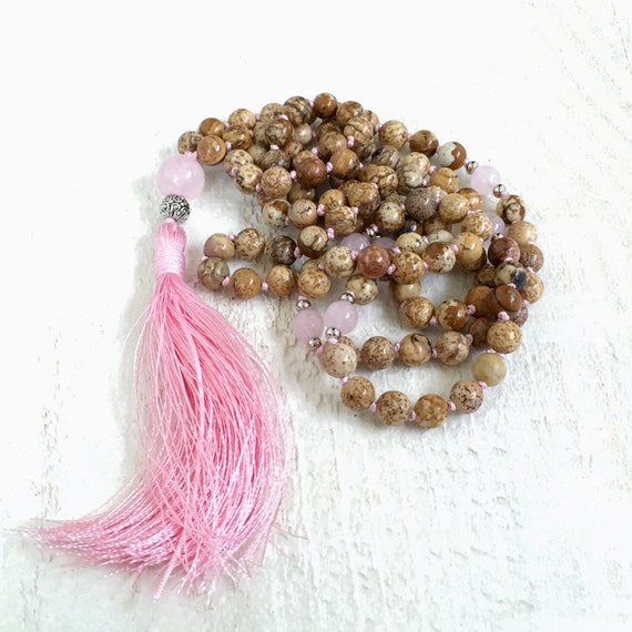 Picture Jasper Mala Beads Hand Knotted Tassel Mala 108 Bead
