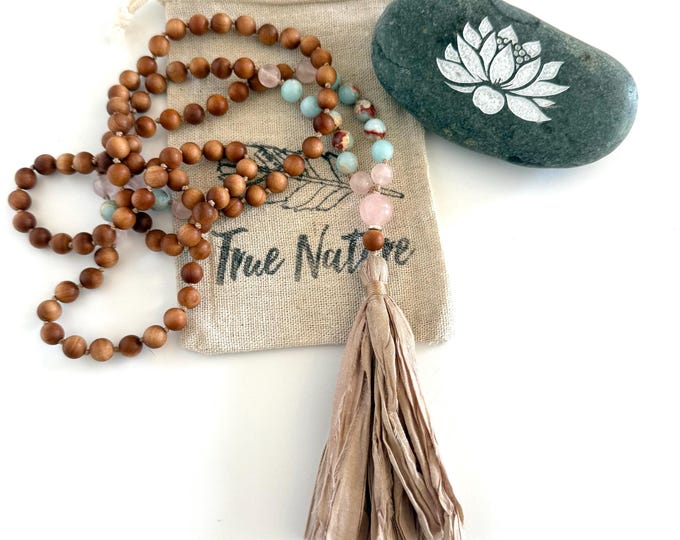 Tranquility Mala Beads - Sandalwood, African Opal & Rose Quartz Beads - Hand Knotted - Gentle Mala For Meditation Practice - 108 Beads