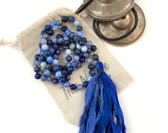 Third Eye Chakra Mala Beads - 108 Beads - Mala for Intuition - Sodalite & Lapis Lazuli Beads - Sari Silk Tassel