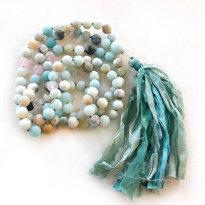 Mala For Calming Amazonite Mala Beads 108 Bead Mala Rose Quartz Amazonite Mala Yoga Meditation Beads Japa Mala Teal Sari Fabric