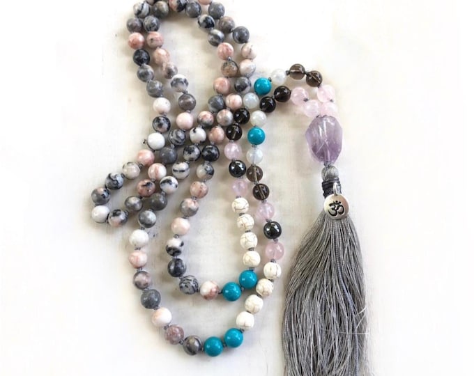 Hand Knotted Mala Bead Necklace: Smoky Quartz, Moonstone & Turquoise