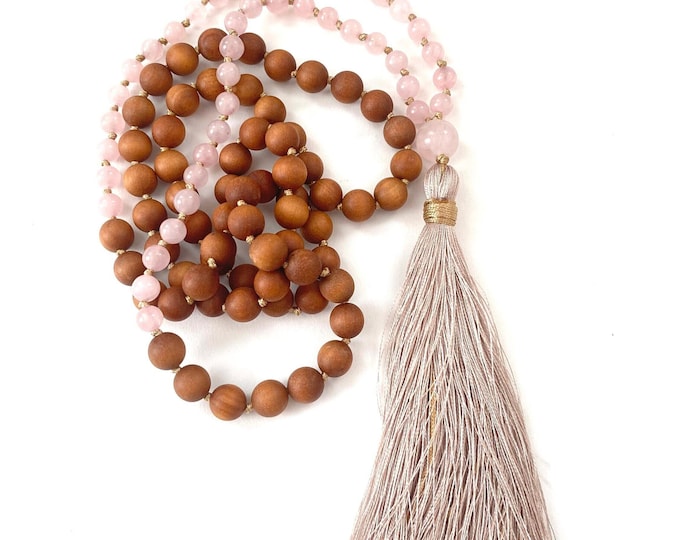 Mala For Peace - Rose Quartz and Sandalwood Mala Necklace - 108 Bead Mala - Knotted Mala Beads - Fragrant Meditation Mala - Silk Tassel