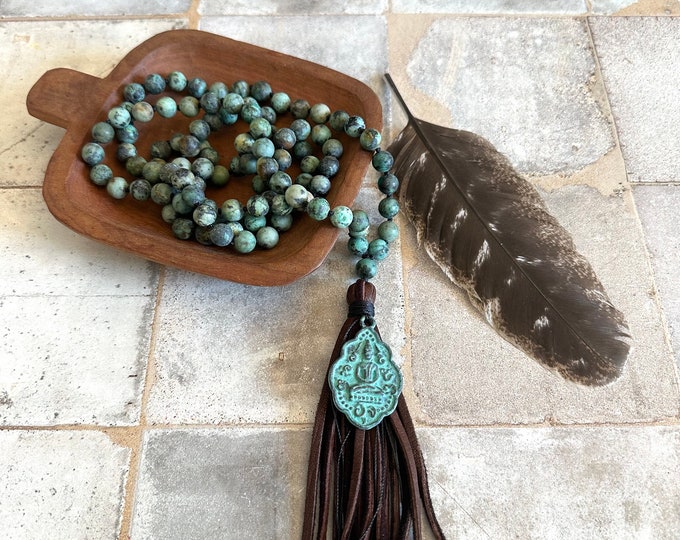 Mala For Growth - African Turquoise Mala Beads - Leather Tassel Mala Necklace - Buddha Pendant - 108 Bead Mala - Meditation Beads