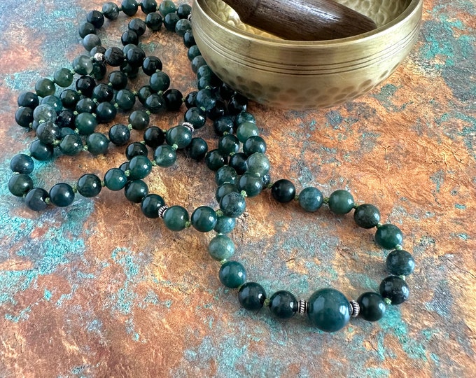 Moss Agate Mala For Grounding - Hand Knotted Mala - Mala For On The Go - 108 Bead Meditation Mala - Meditation Mala - Peace and Stability