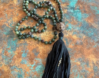 Green Jade Mala Necklace - 108 Mala Beads - Sari Silk Tassel - Earthy Mala Beads - Mala For Grounded Clarity, Hand Knotted - Earth Goddess