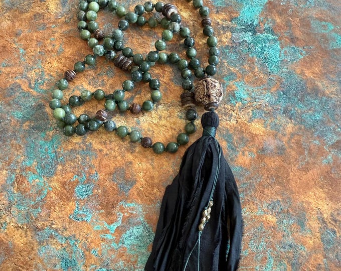 Green Jade Mala Necklace - 108 Mala Beads - Sari Silk Tassel - Earthy Mala Beads - Mala For Grounded Clarity, Hand Knotted - Earth Goddess