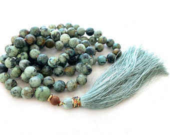 Awaken Your Soul Mala Beads - African Turquoise Mala Necklace  -108 Bead Mala - Hand Knotted - Metallic Knotting Cord - Silk Tassel