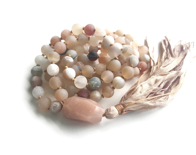 Mala For Joy - Sunstone Mala Necklace - Matte Druzy Agate Beads - 108 Bead Mala - Mala For Meditation - Hand Knotted - Sari Silk Tassel