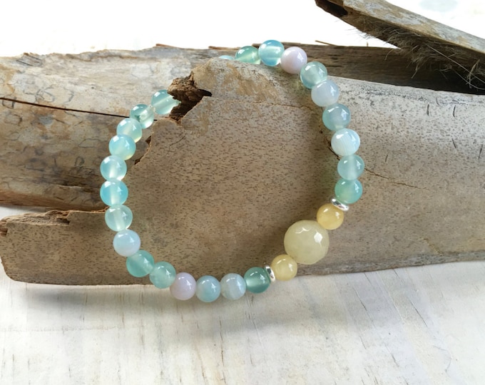 Mala Inspired Bracelet, Agate And Jade Beaded Bracelet, Yellow Jade, Boho Chic Jewelry, Yoga Bracelet, Boutique Style Jewelry, Stacking