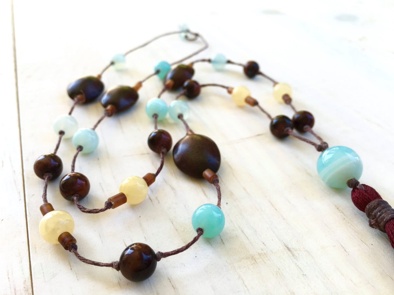 Bohemian Style Natural Tassel Necklace, Gemstone And Seed Knotted