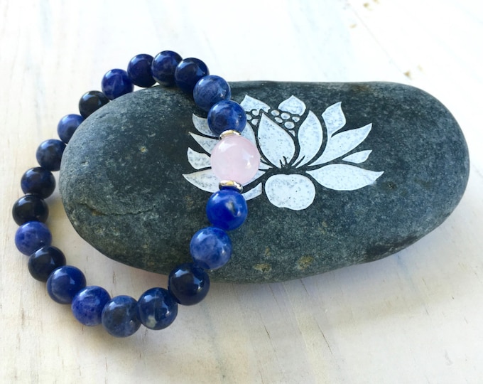 Sodalite And Rose Quart Bracelet, Stacking Stretch Bracelet, Boutique Fashion, Mala Matching Bracelet, Yoga Jewelry, Boho Chic Fashion