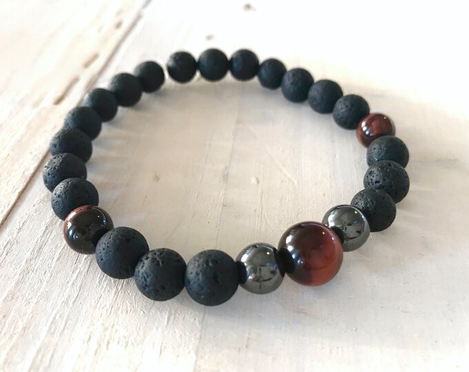 Black Lava Mala Bracelet, Unisex Natural Healing Bracelet, Mens Bracelet,  Lava, Tiger Eye and Hematite Stretch Bracelet