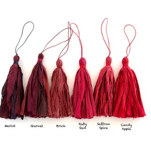 May include: Six fabric tassels with frayed edges and hanging loops, arranged in a color gradient from dark burgundy to bright red. The labels below read: Merlot, Garnet, Brick, Ruby Red, Saffron Spice, and Candy Apple, identifying each shade.