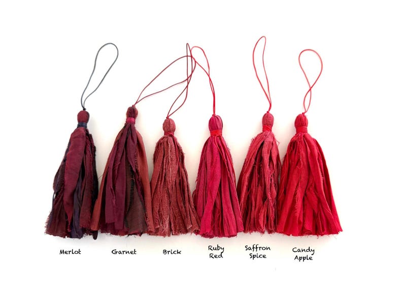 May include: Six fabric tassels with frayed edges and hanging loops, arranged in a color gradient from dark burgundy to bright red. The labels below read: Merlot, Garnet, Brick, Ruby Red, Saffron Spice, and Candy Apple, identifying each shade.