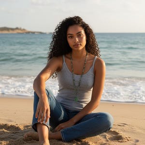 May include: A grey ribbed tank top, blue denim jeans, and a long beaded necklace featuring a green pendant. The necklace consists of small, multi-colored beads strung together, leading to a smooth, circular green stone pendant resting on the chest.