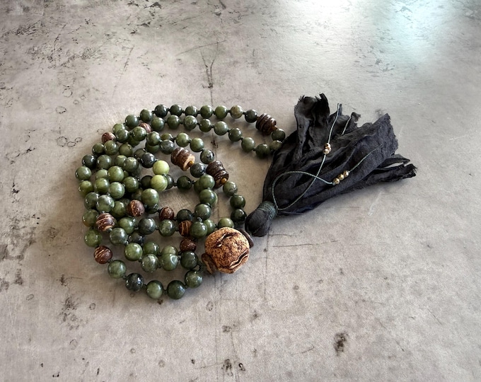 Green Jade Mala Necklace - 108 Mala Beads - Sari Silk Tassel - Earthy Mala Beads - Mala For Grounded Clarity, Hand Knotted - Earth Goddess