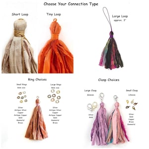 May include: A collection of fabric tassels with various connection options including short, tiny, and large 3-inch loops. The image displays ring choices in 6mm and 8mm sizes, and clasp choices in 22mm and 15mm sizes, featuring silver, gold, copper, brass, and gunmetal finishes.