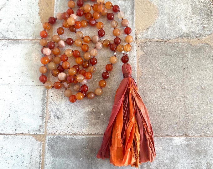 Sacral Chakra Mala Beads: Carnelian, Aventurine, Sunstone  & Silk Thread Tassel