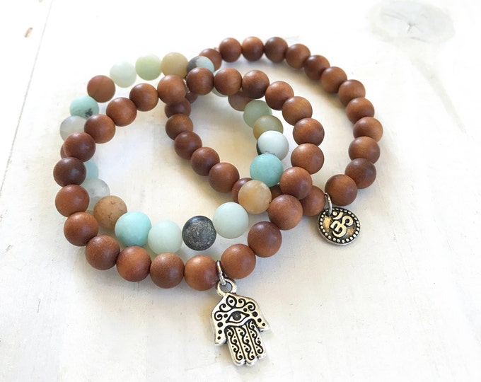 Sandalwood Stack Bracelet, Amazonite Mala Bead Bracelets, Hamsa Charm Bracelet, OM Charm Bracelet, Yoga Jewelry, Stretch Bracelets