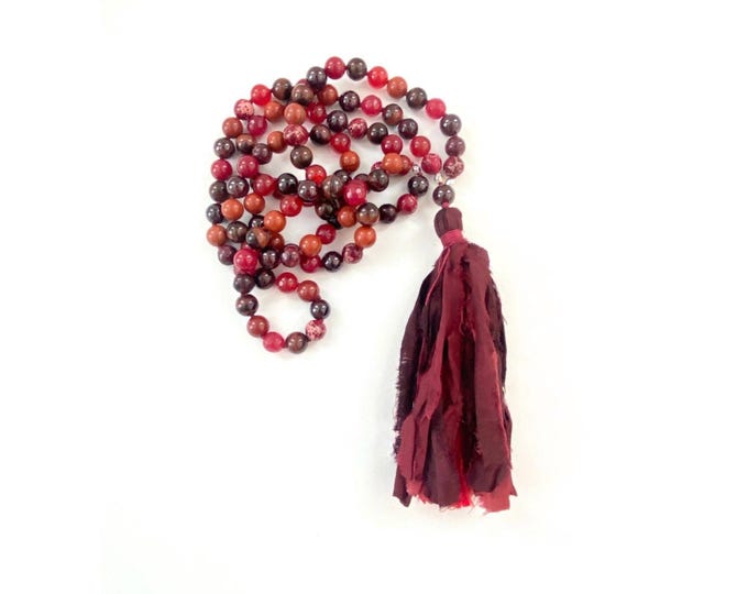 Root Chakra Mala Beads: Sari Silk Tassel, 108 Mantra Mala